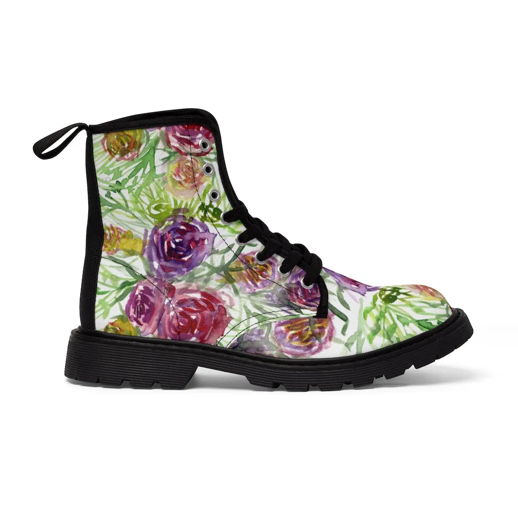 Garden Rose Floral Women's Boots, Pink Yellow Flower Vintage Style Ladies' Combat Hiking Boots