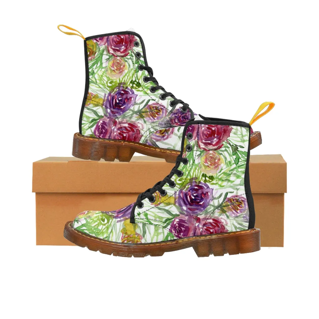 Garden Rose Floral Women's Boots, Pink Yellow Flower Vintage Style Ladies' Combat Hiking Boots