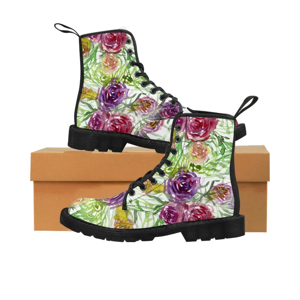 Garden Rose Floral Women's Boots, Pink Yellow Flower Vintage Style Ladies' Combat Hiking Boots