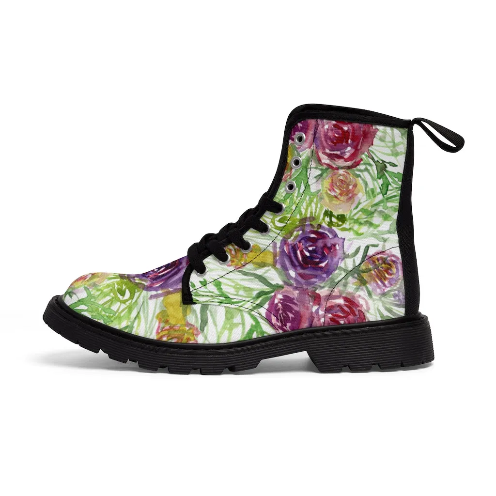 Garden Rose Floral Women's Boots, Pink Yellow Flower Vintage Style Ladies' Combat Hiking Boots