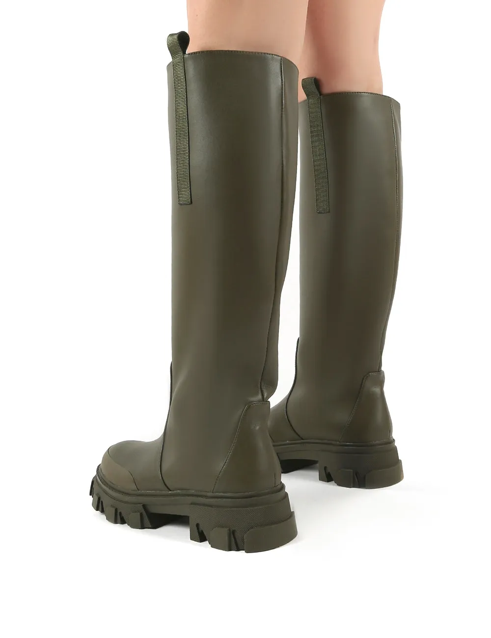 Genius Khaki Knee High Chunky Sole Boots