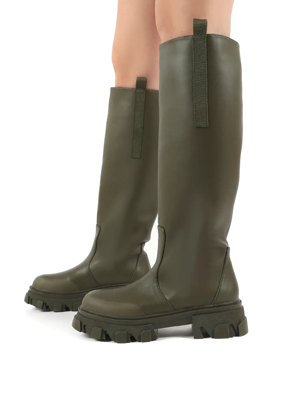 Genius Khaki Knee High Chunky Sole Boots