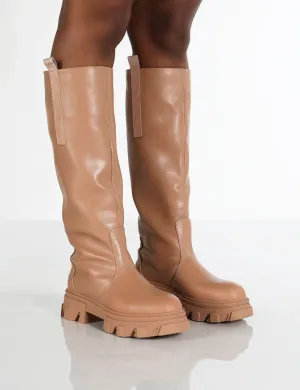 Genius Wide Fit Tan Knee High Platform Chunky Sole Boots