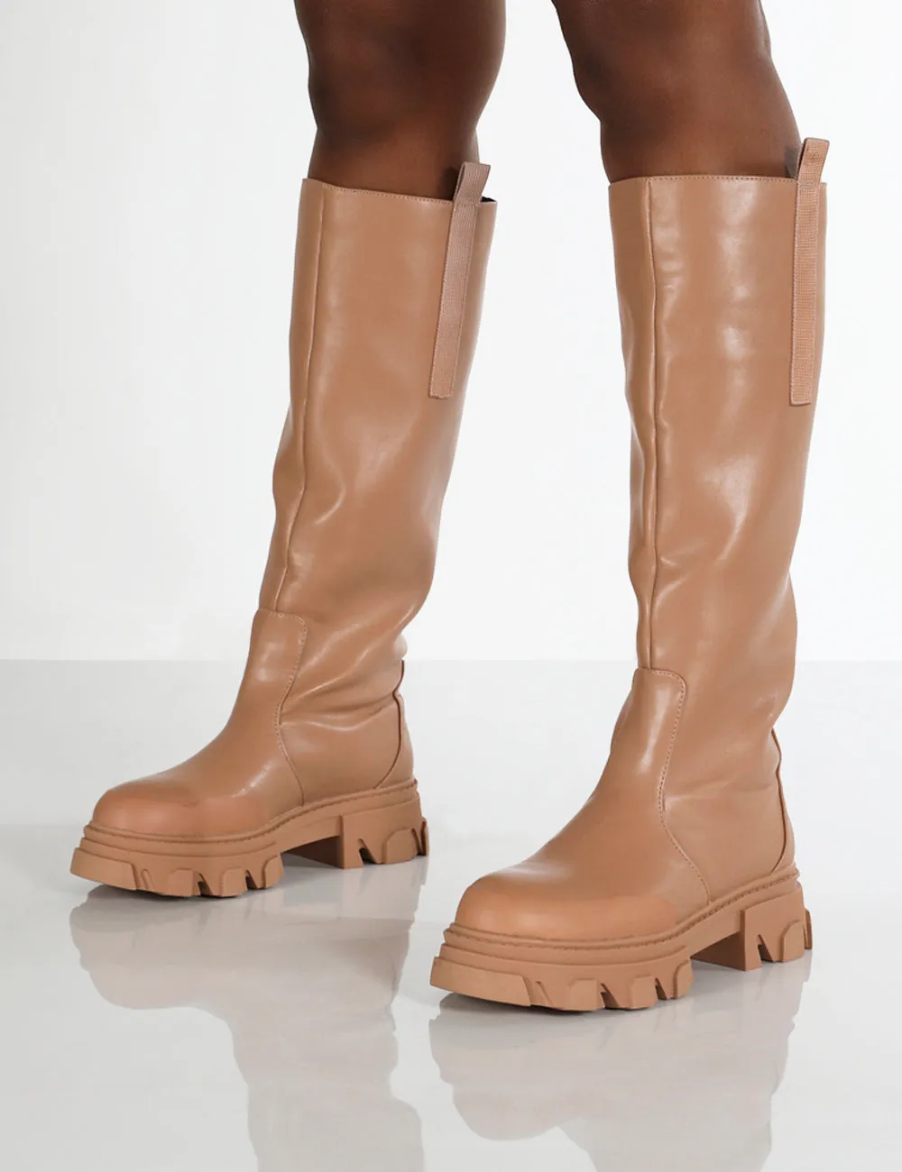 Genius Wide Fit Tan Knee High Platform Chunky Sole Boots