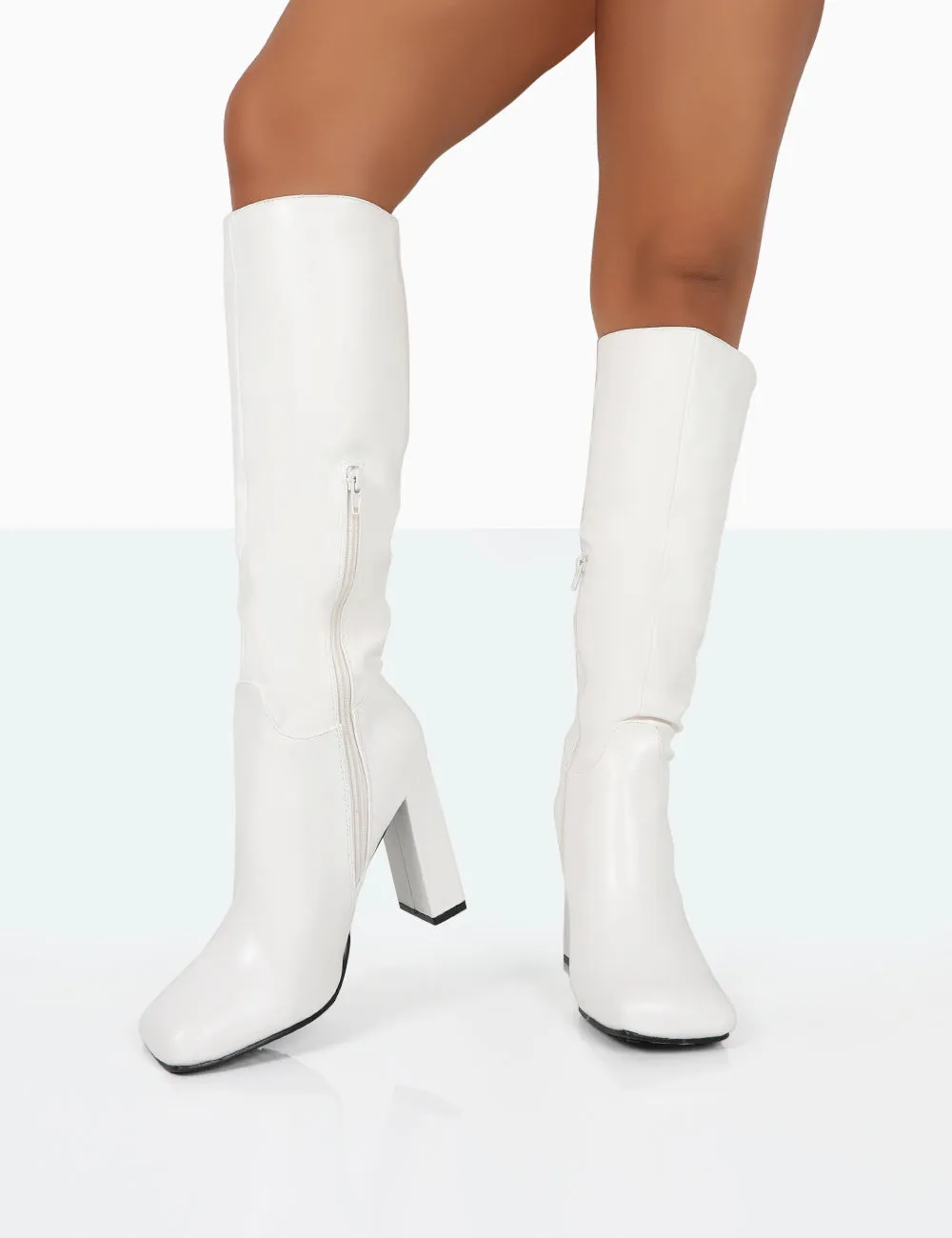 Gia Ecru Box PU Square Toe Block Heel Knee High Boots