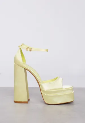 Glamorous Lemon Satin Open Toe Platform Heels