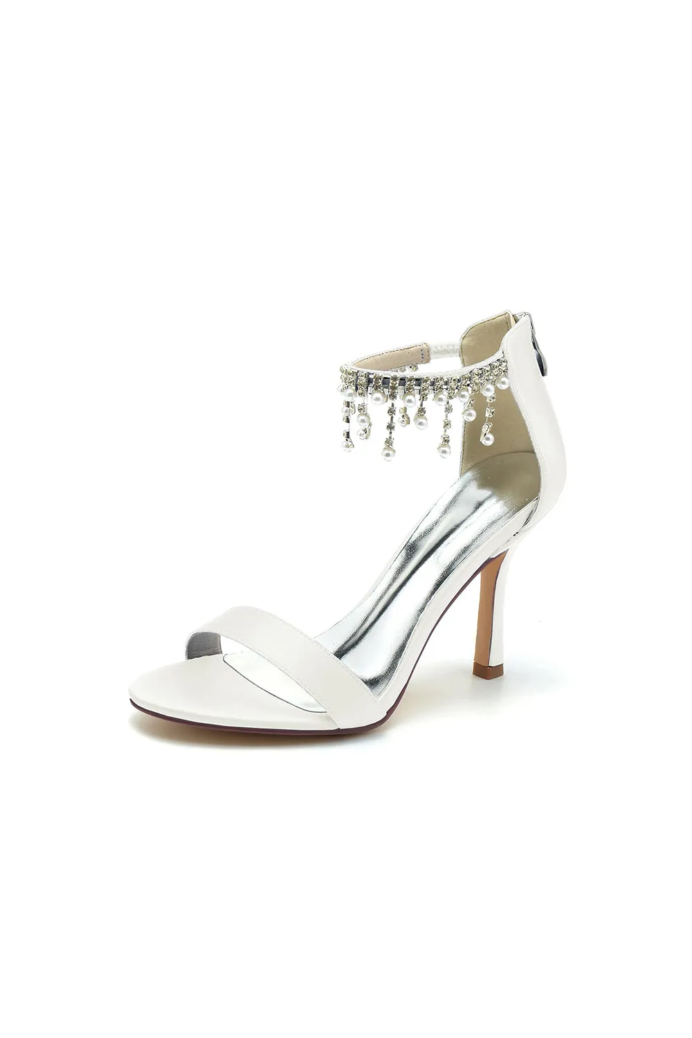 Glamorous White Leather High Heels with Silver Chain Accent