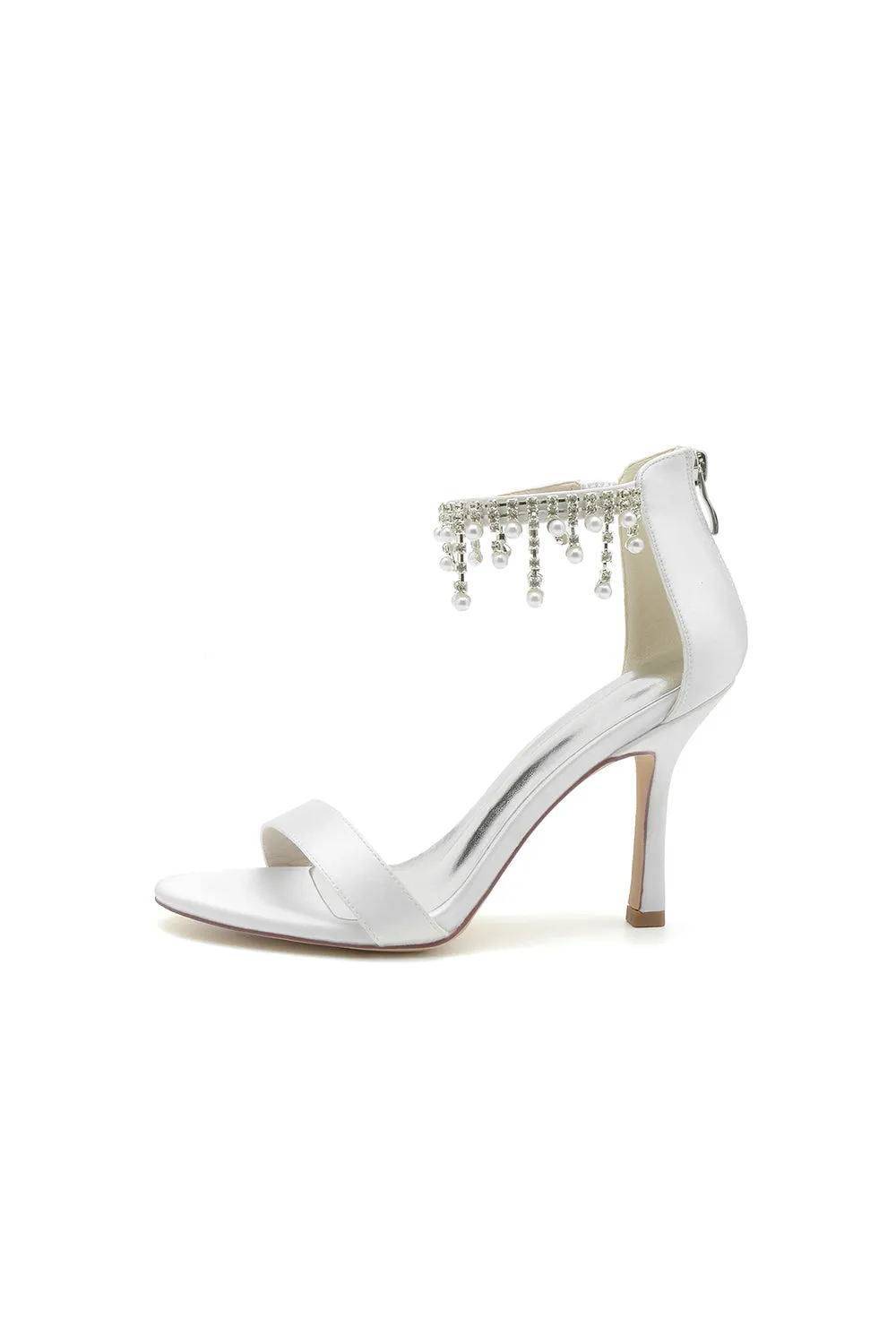 Glamorous White Leather High Heels with Silver Chain Accent