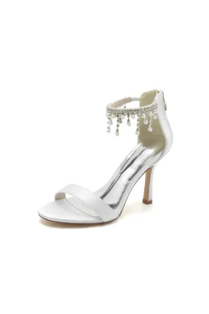 Glamorous White Leather High Heels with Silver Chain Accent