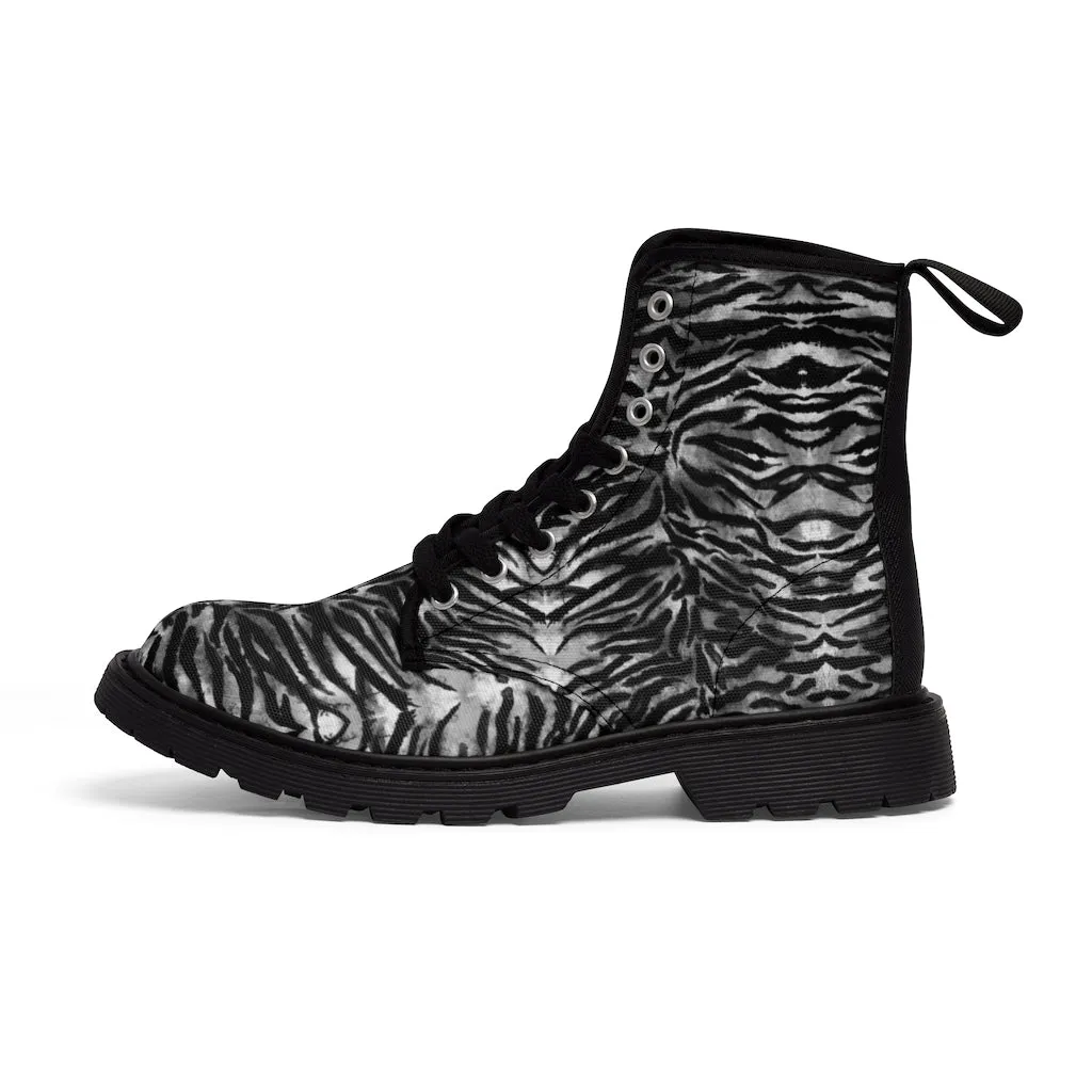 Grey Tiger Men's Canvas Boots, Gray Tiger Striped Animal Print Best Men's Footwear Hiking Boots