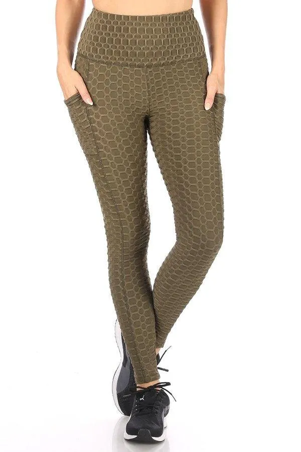 High Waist Honeycomb Textured Sports Leggings With Pockets - Dark Olive