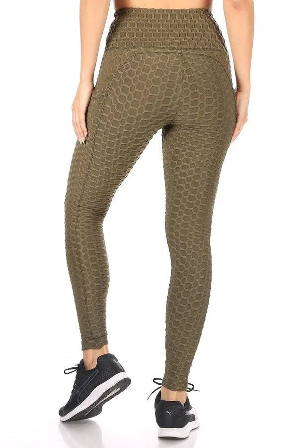 High Waist Honeycomb Textured Sports Leggings With Pockets - Dark Olive