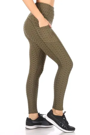 High Waist Honeycomb Textured Sports Leggings With Pockets - Dark Olive