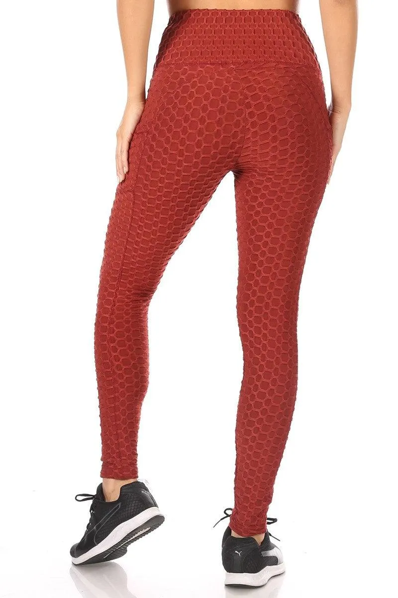 High Waist Honeycomb Textured Sports Leggings With Pockets - Firebrick