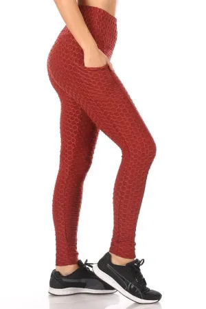 High Waist Honeycomb Textured Sports Leggings With Pockets - Firebrick