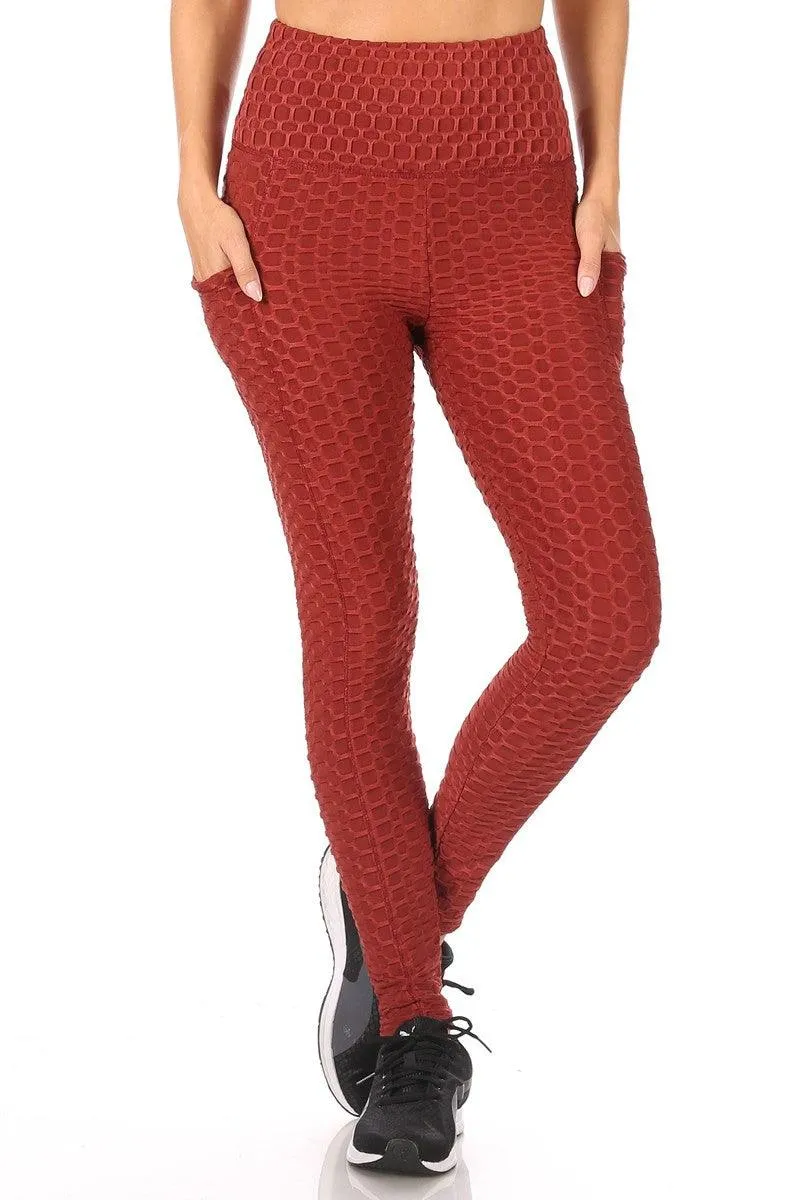 High Waist Honeycomb Textured Sports Leggings With Pockets - Firebrick