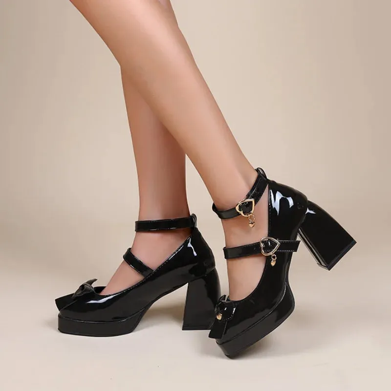 Hnzxzm Patent Leather Platform Pumps Women Bowtie Ankle Strap High Heel Party Shoes Woman Fashion Buckle Square Heel Mary Jane Shoes