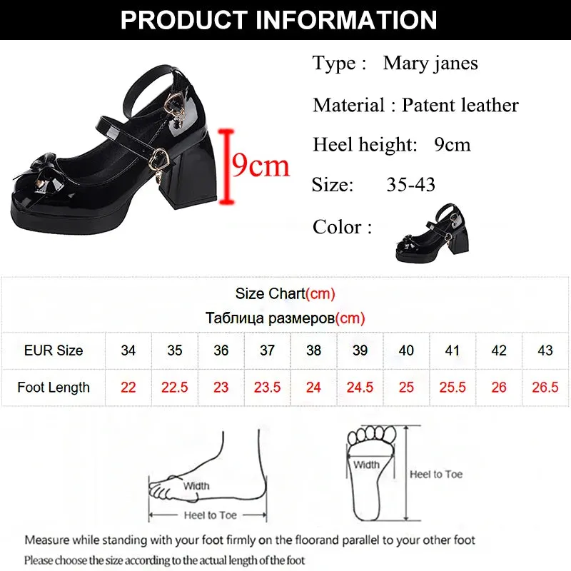 Hnzxzm Patent Leather Platform Pumps Women Bowtie Ankle Strap High Heel Party Shoes Woman Fashion Buckle Square Heel Mary Jane Shoes