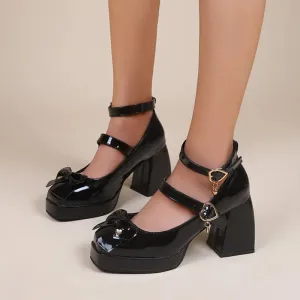 Hnzxzm Patent Leather Platform Pumps Women Bowtie Ankle Strap High Heel Party Shoes Woman Fashion Buckle Square Heel Mary Jane Shoes