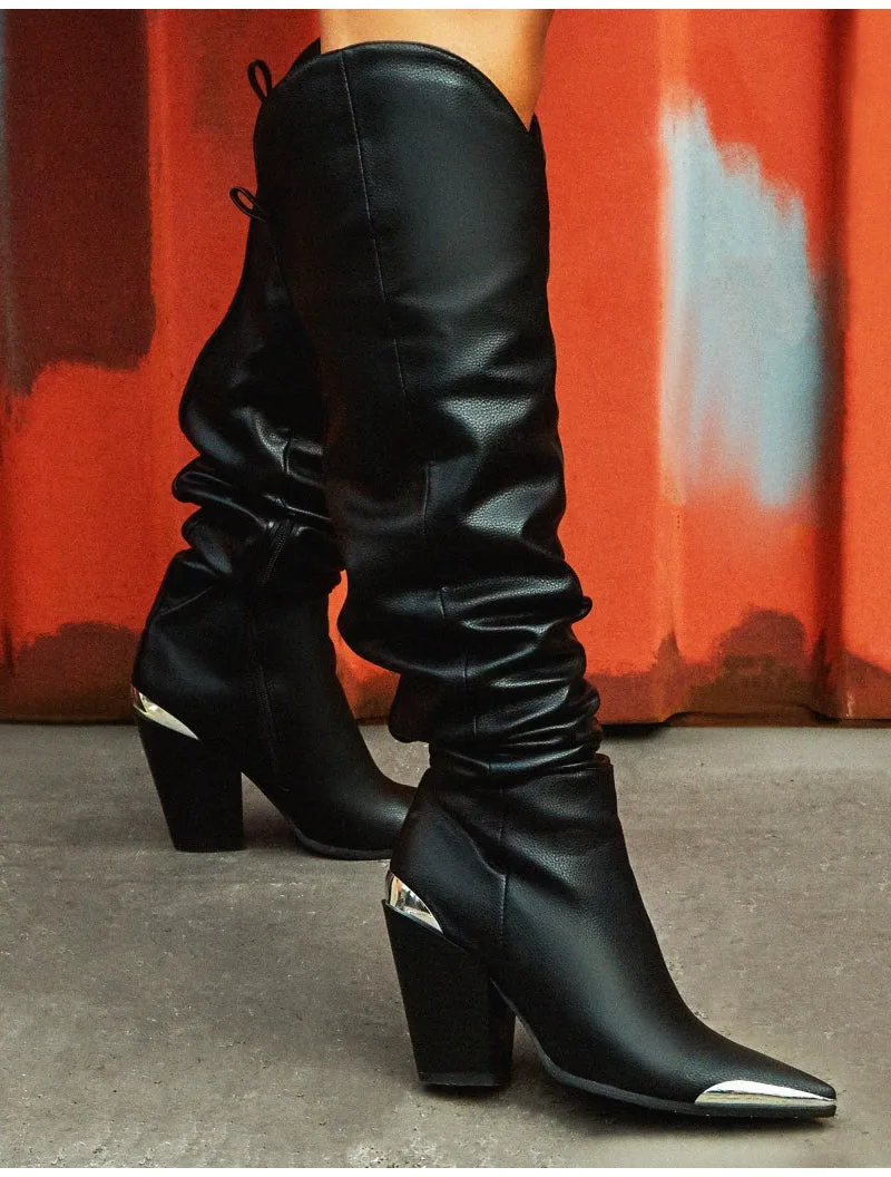 Honor Black Western Block Heeled Knee High Boots