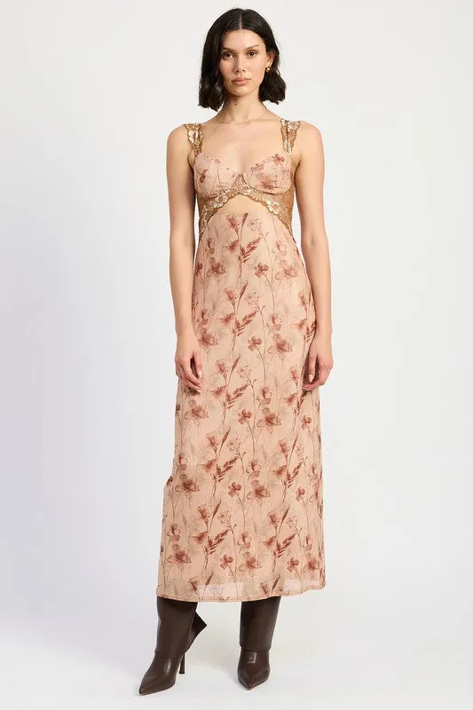 Hot Girl Bohemian Bloom Lace Contrast Floral Maxi Dress In Earthy Peach