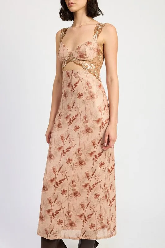 Hot Girl Bohemian Bloom Lace Contrast Floral Maxi Dress In Earthy Peach