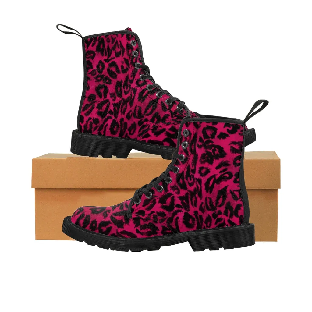 Hot Pink Leopard Men's Boots, Best Animal Print Winter Boots Laced Up Shoes For Men (US Size: 7-10.5)