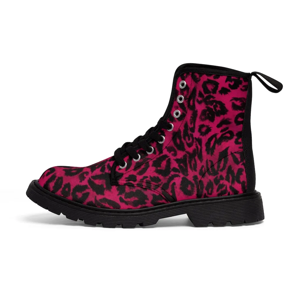 Hot Pink Leopard Men's Boots, Best Animal Print Winter Boots Laced Up Shoes For Men (US Size: 7-10.5)