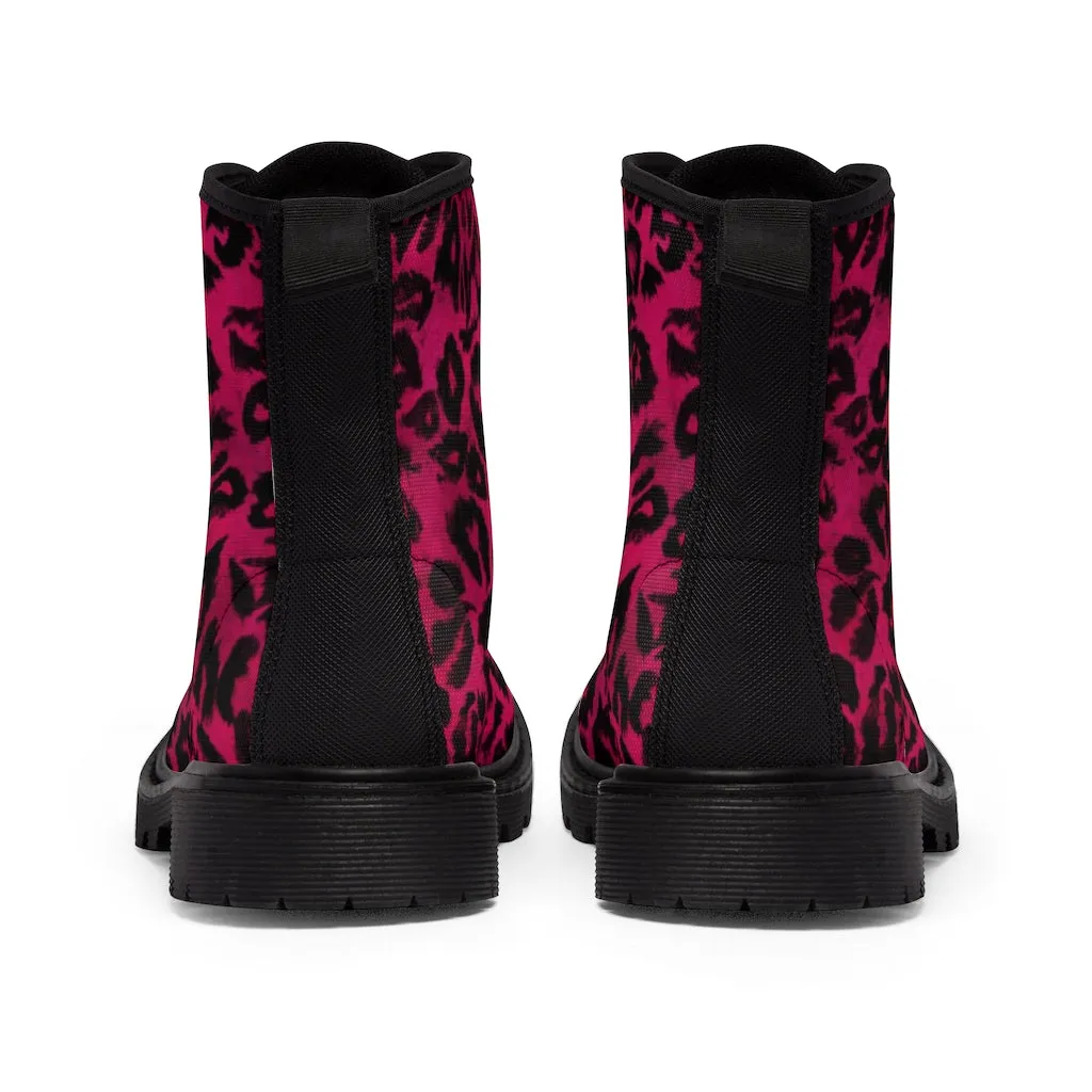 Hot Pink Leopard Men's Boots, Best Animal Print Winter Boots Laced Up Shoes For Men (US Size: 7-10.5)