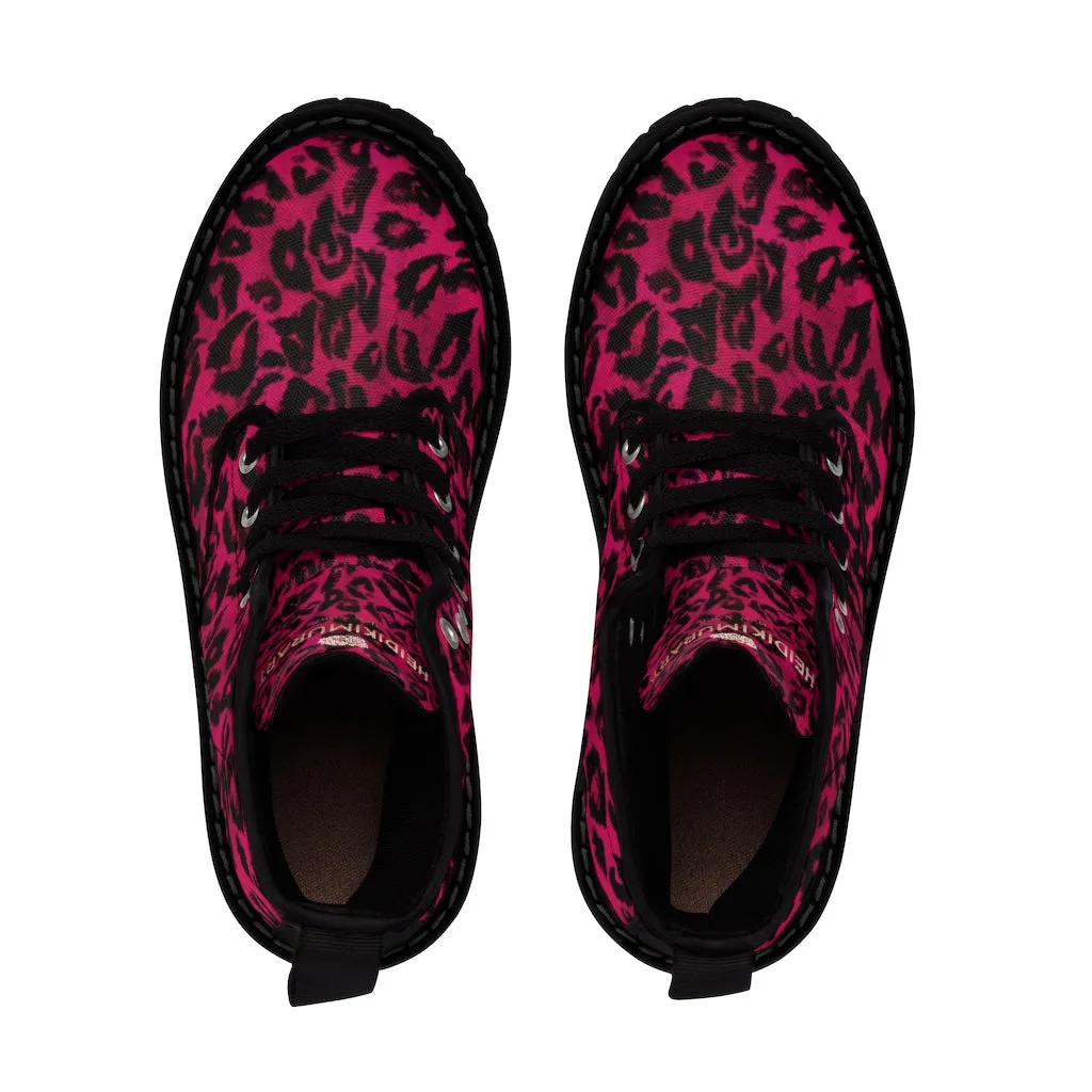 Hot Pink Leopard Men's Boots, Best Animal Print Winter Boots Laced Up Shoes For Men (US Size: 7-10.5)