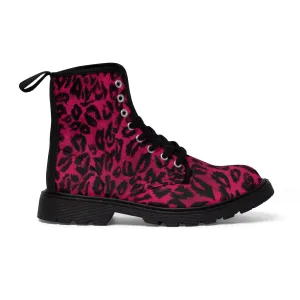 Hot Pink Leopard Men's Boots, Best Animal Print Winter Boots Laced Up Shoes For Men (US Size: 7-10.5)