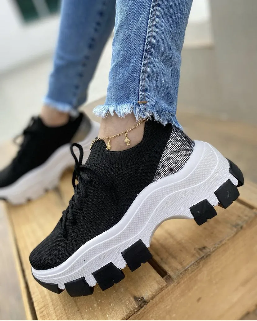 Hot sale flying woven sponge cake platform sneakers