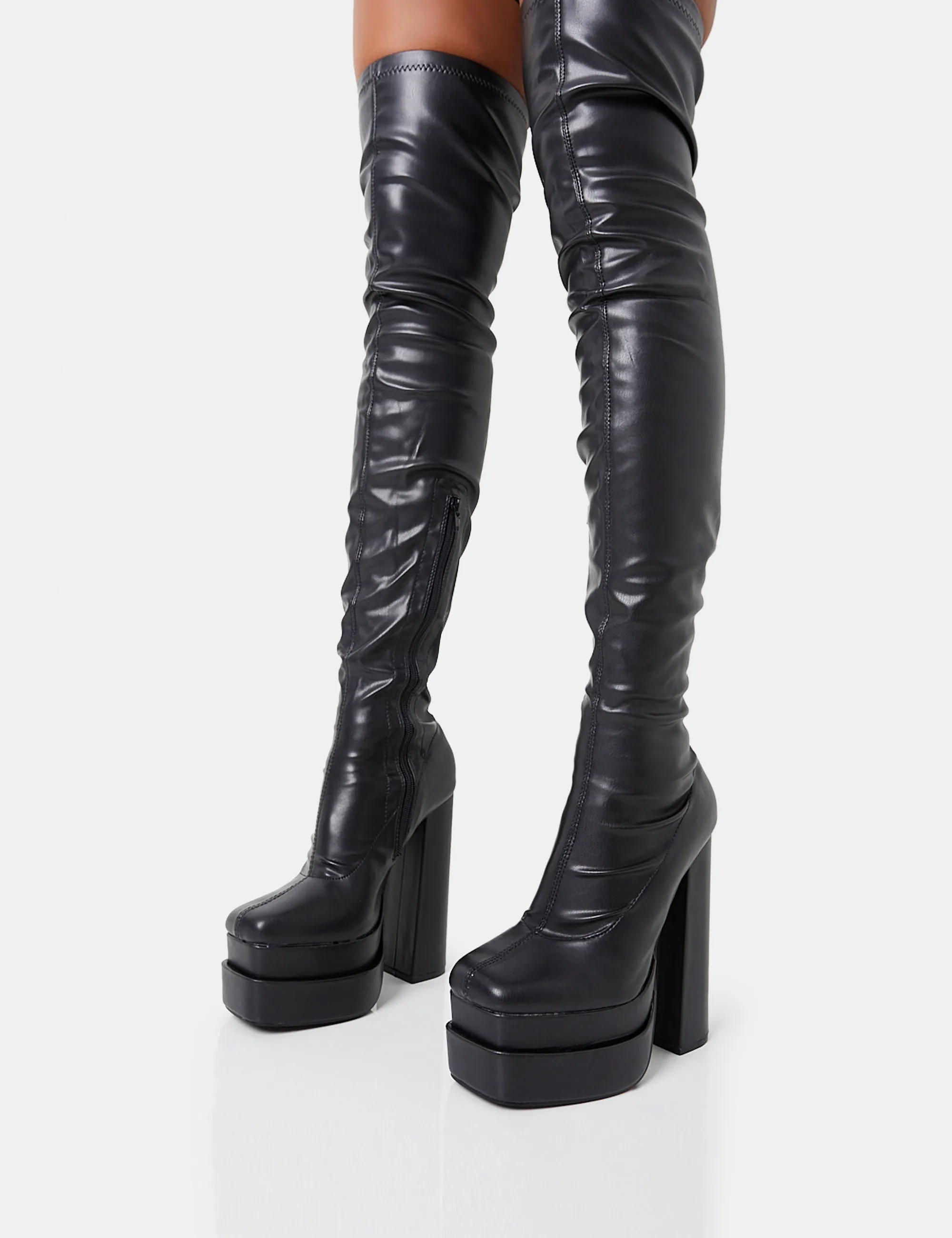 Identity Black Grain Pu Platform Heel Over The Knee Boots