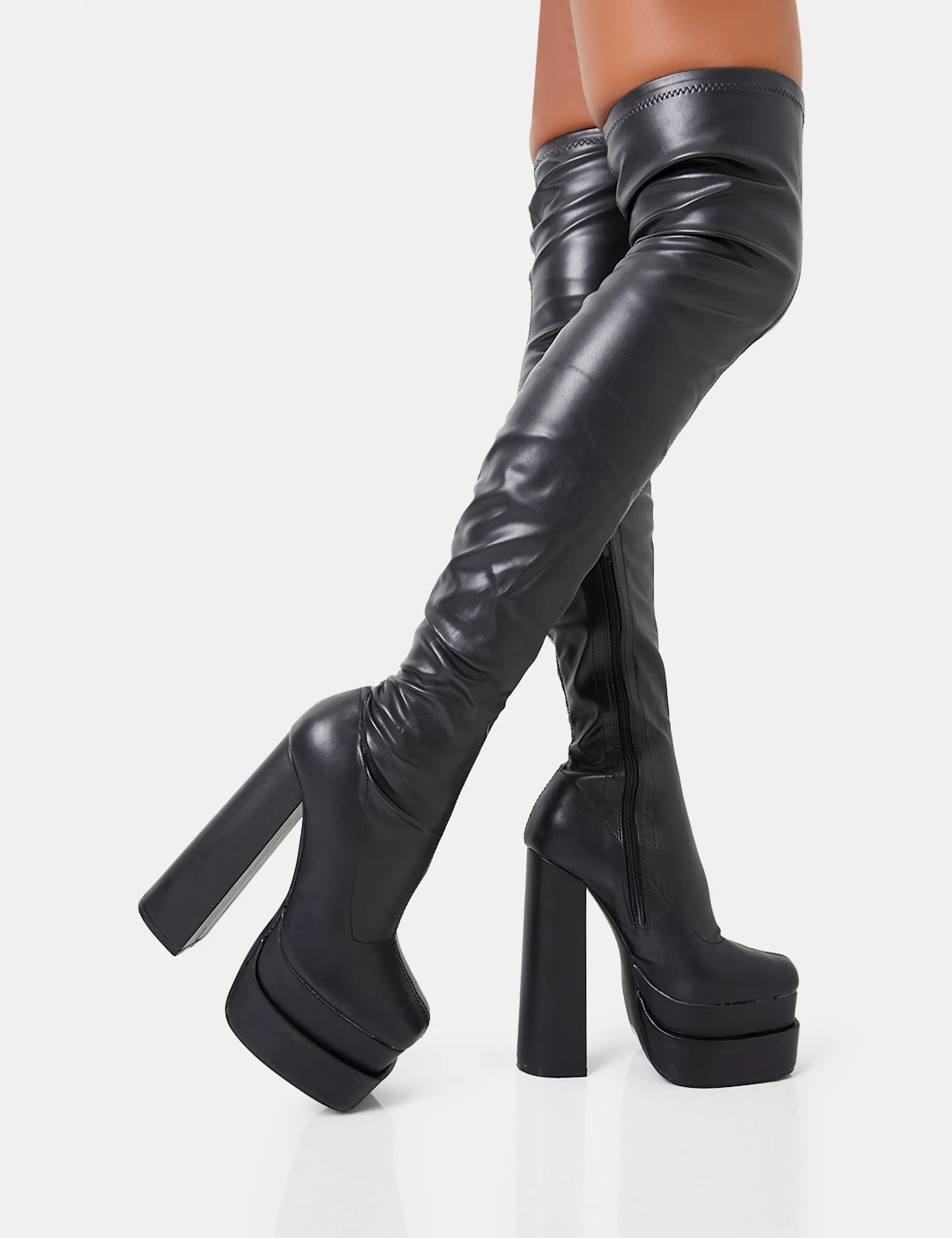 Identity Black Grain Pu Platform Heel Over The Knee Boots