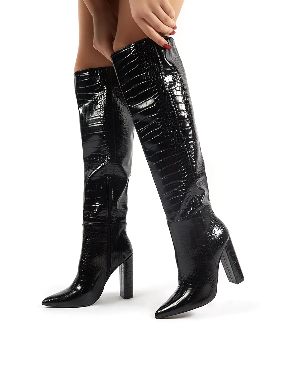 Indigo Black Croc Block Heeled Knee High Boots