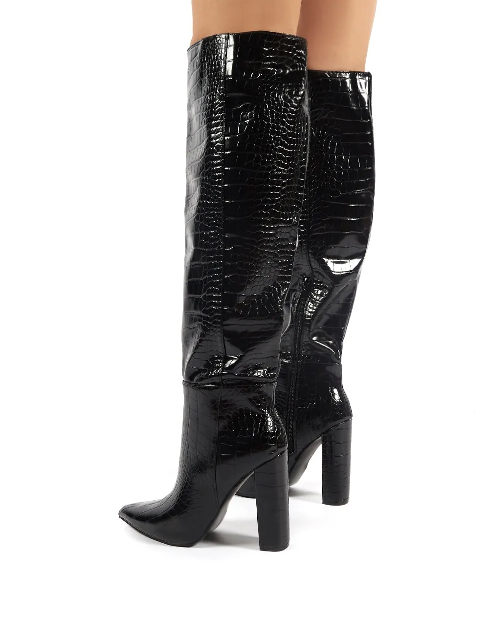 Indigo Black Croc Block Heeled Knee High Boots