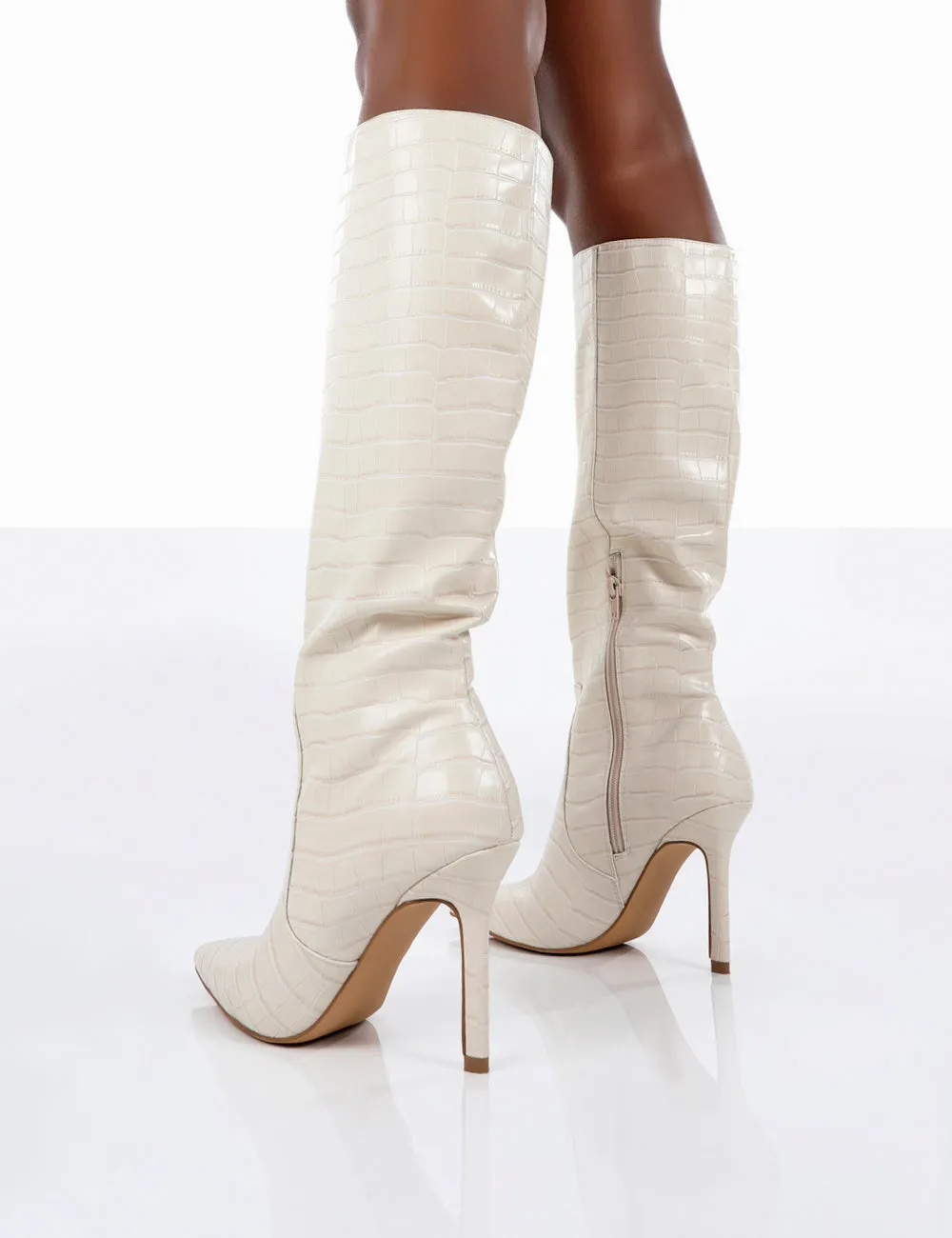 Kenza X Public Desire Rosalie Cream Croc Heeled Knee High Boots