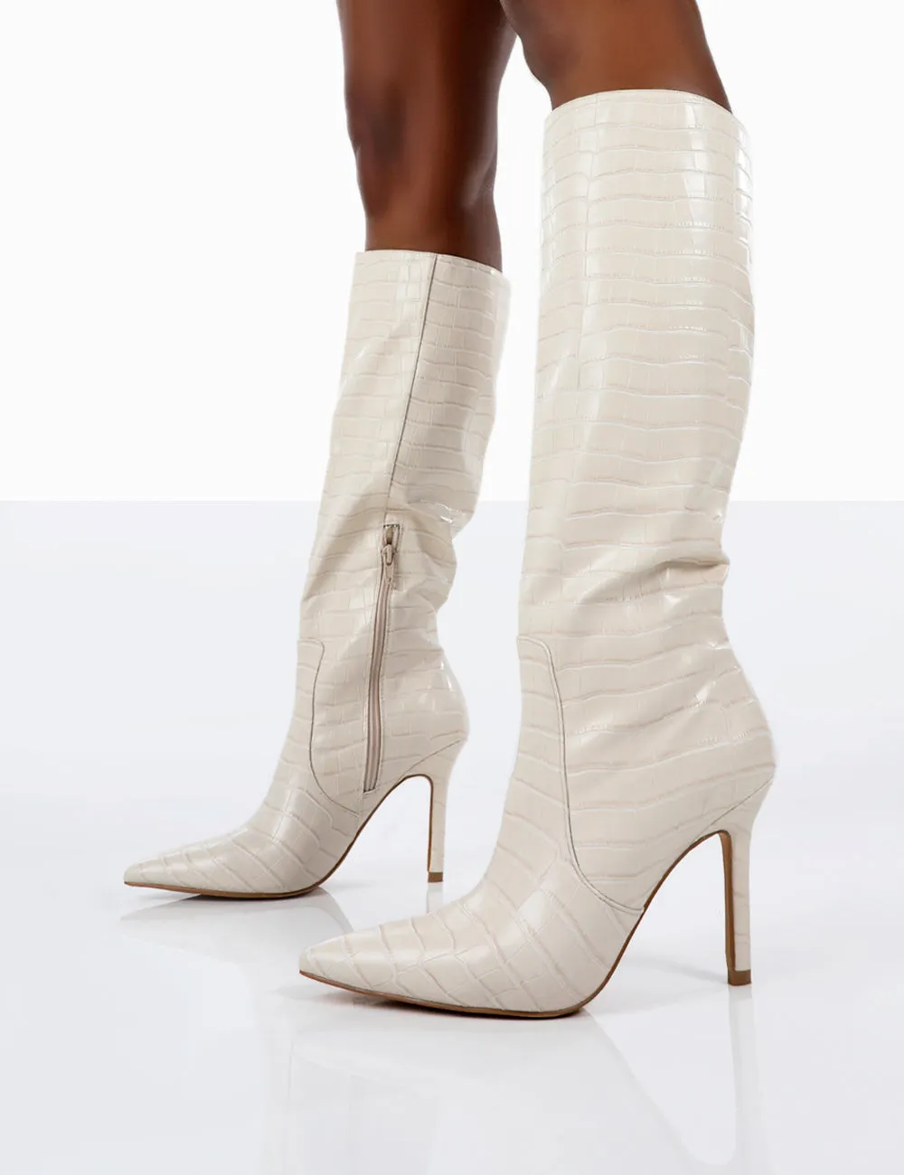 Kenza X Public Desire Rosalie Cream Croc Heeled Knee High Boots