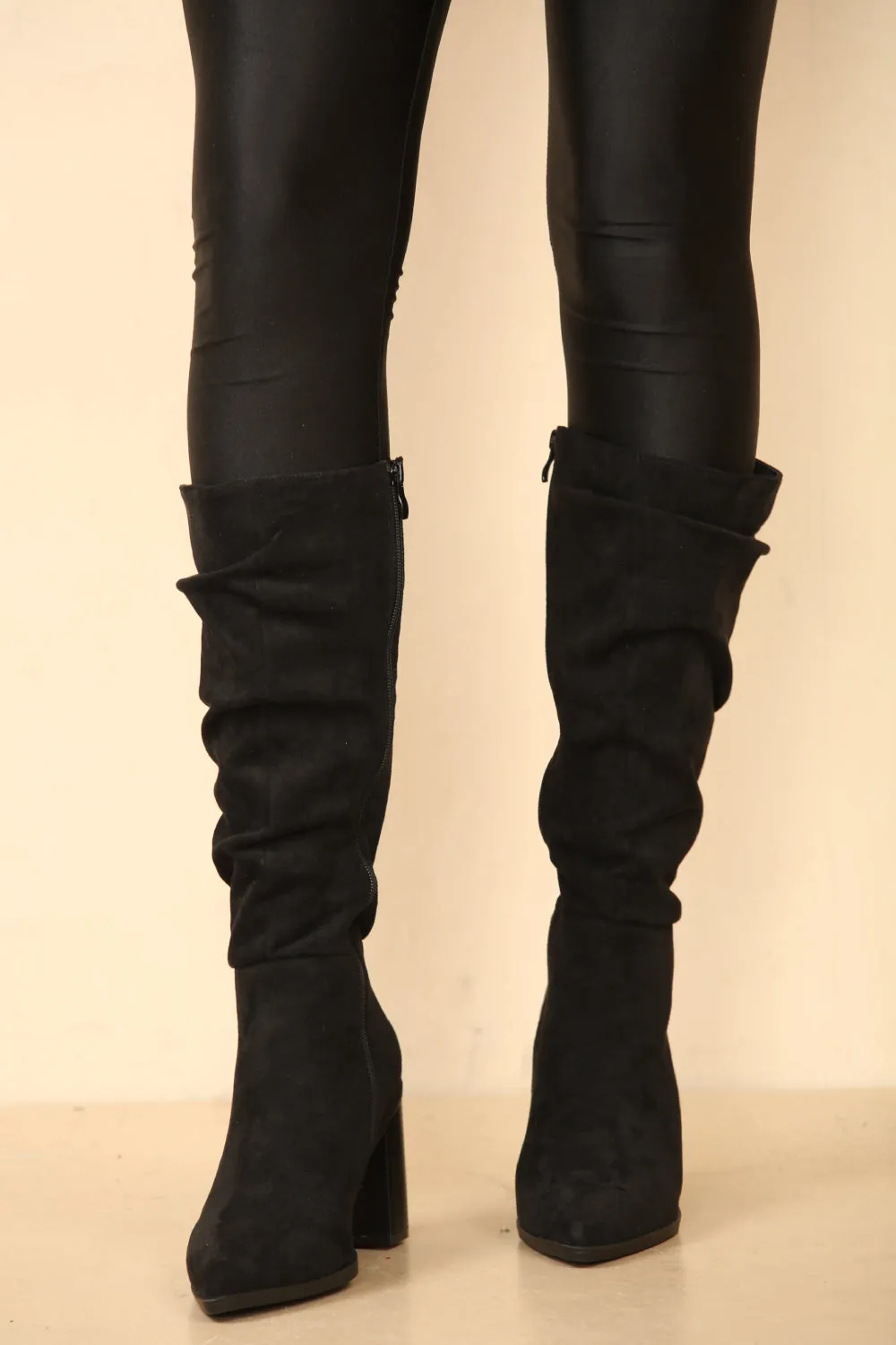 Knee High Black Suede Slouch Block Heel Boot