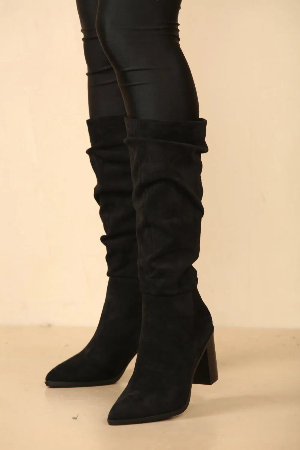 Knee High Black Suede Slouch Block Heel Boot