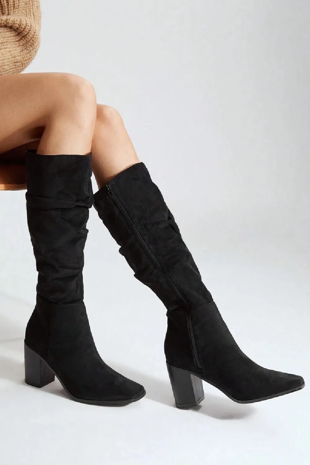 Knee High Black Suede Slouch Block Heel Boot