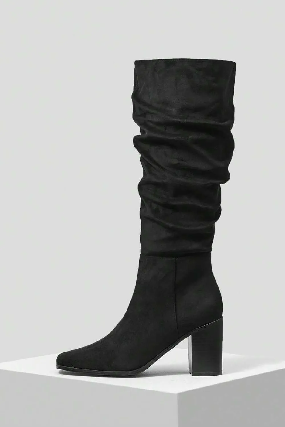 Knee High Black Suede Slouch Block Heel Boot