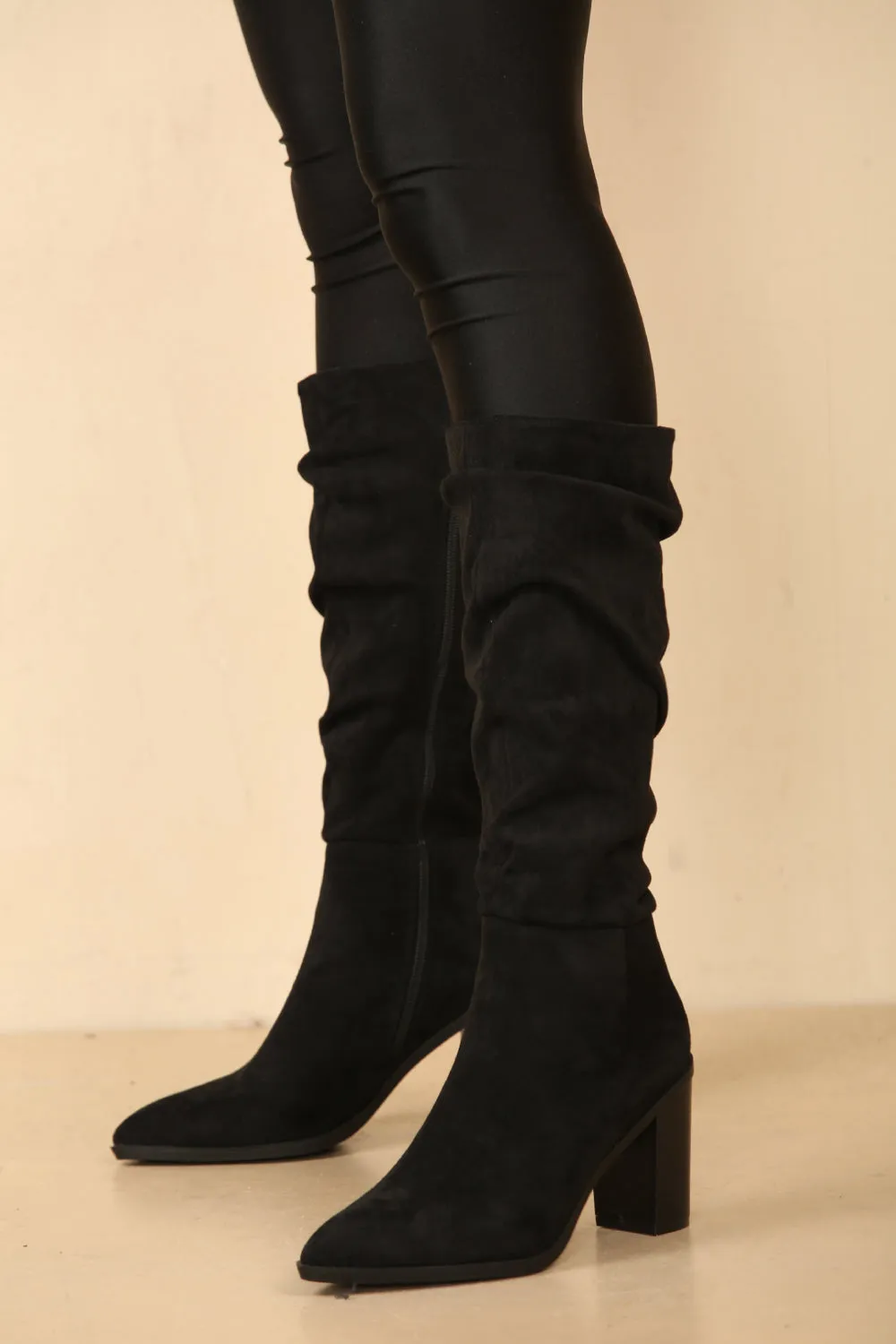 Knee High Black Suede Slouch Block Heel Boot