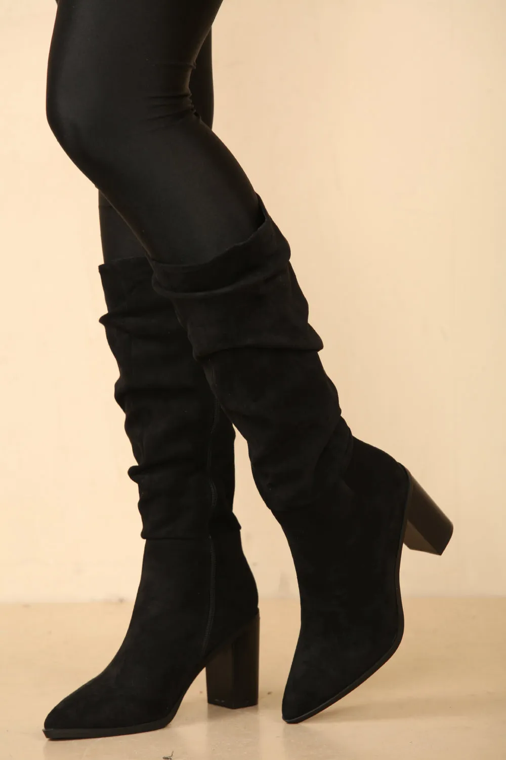 Knee High Black Suede Slouch Block Heel Boot