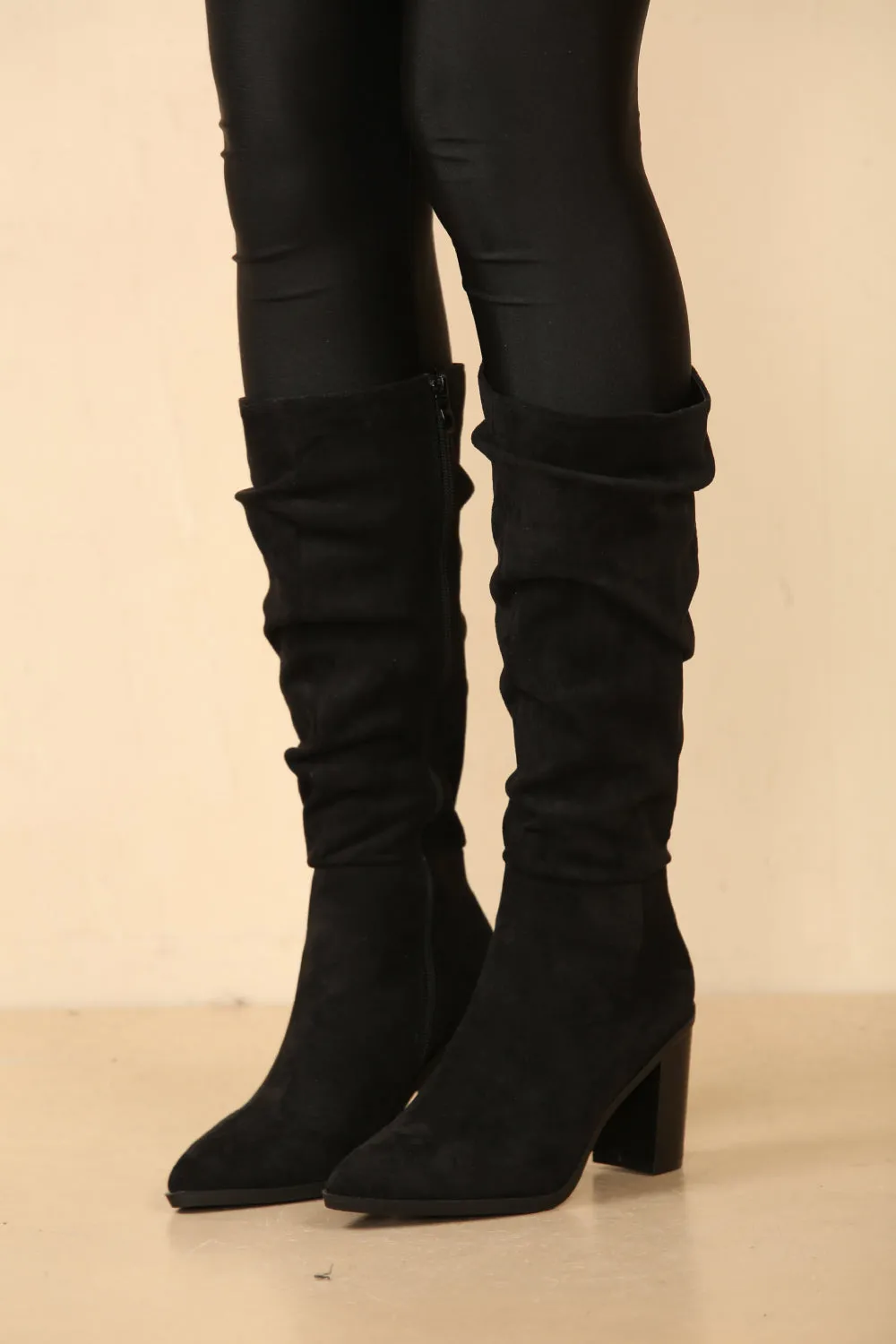 Knee High Black Suede Slouch Block Heel Boot