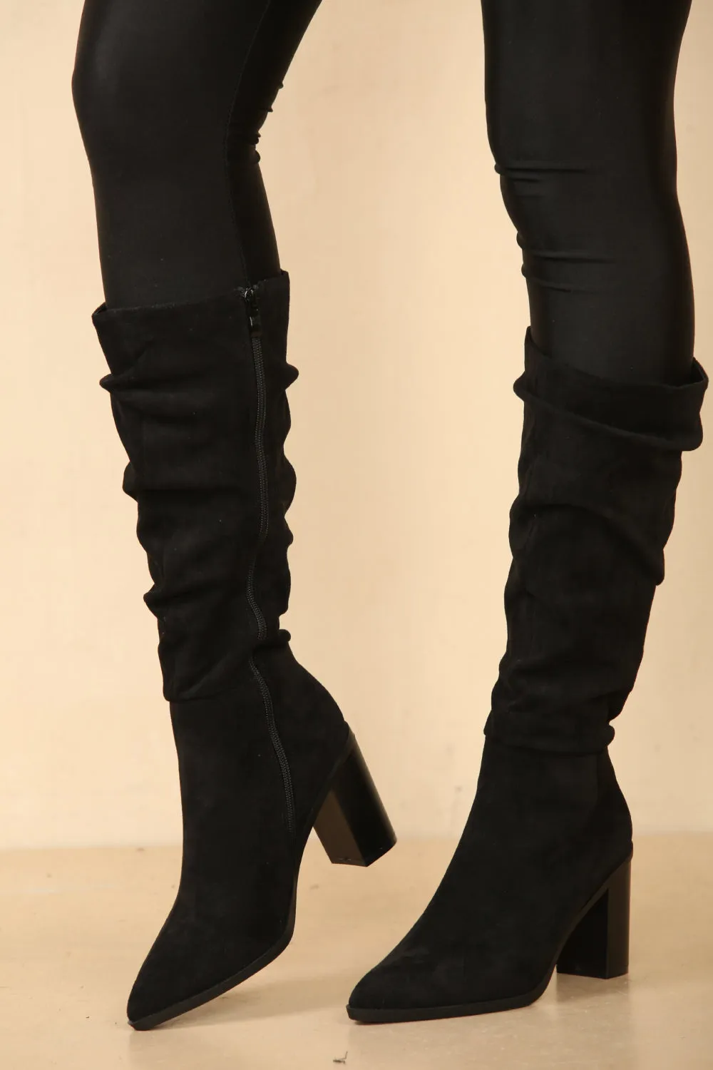 Knee High Black Suede Slouch Block Heel Boot