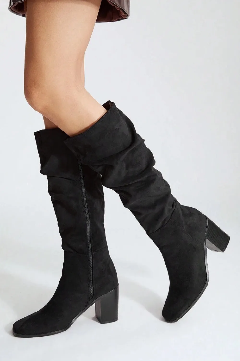 Knee High Black Suede Slouch Block Heel Boot