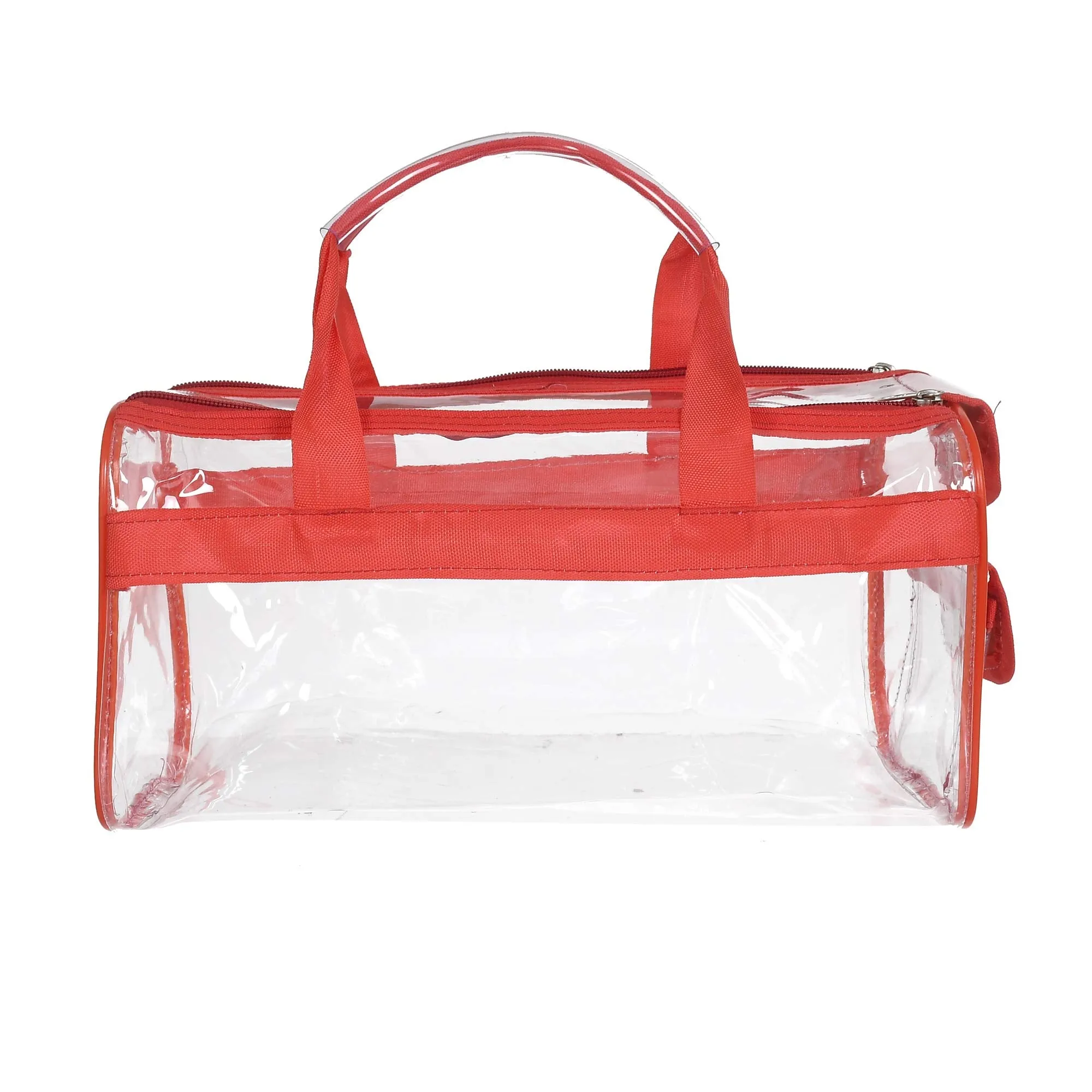 Kuber Industries Transparent Cosmetic Bag, Shoes Bag,Travel Toiletry Bag, with Sturdy Zipper and External Pocket-Set of 2 (Large & Small) (Red)