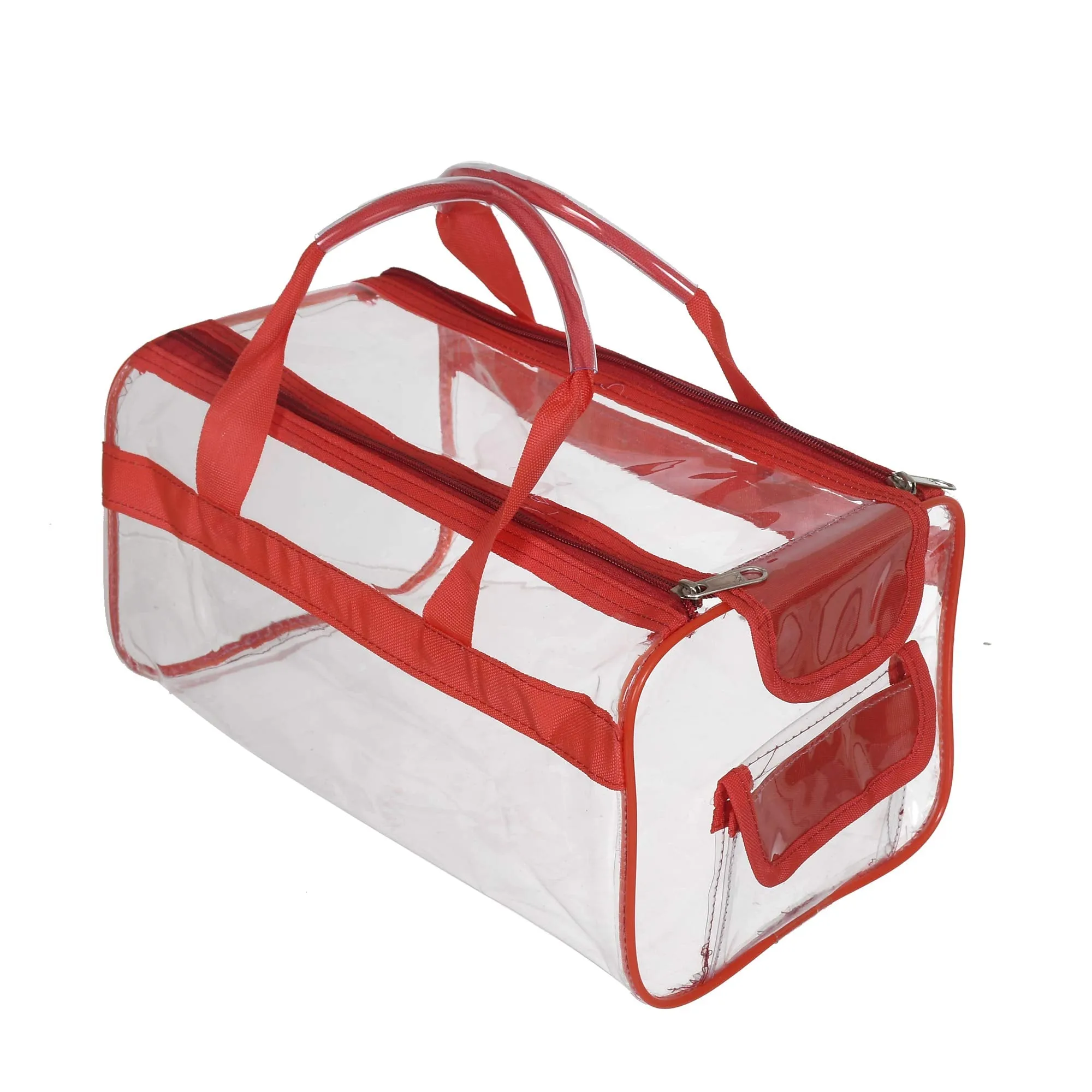 Kuber Industries Transparent Cosmetic Bag, Shoes Bag,Travel Toiletry Bag, with Sturdy Zipper and External Pocket-Set of 2 (Large & Small) (Red)