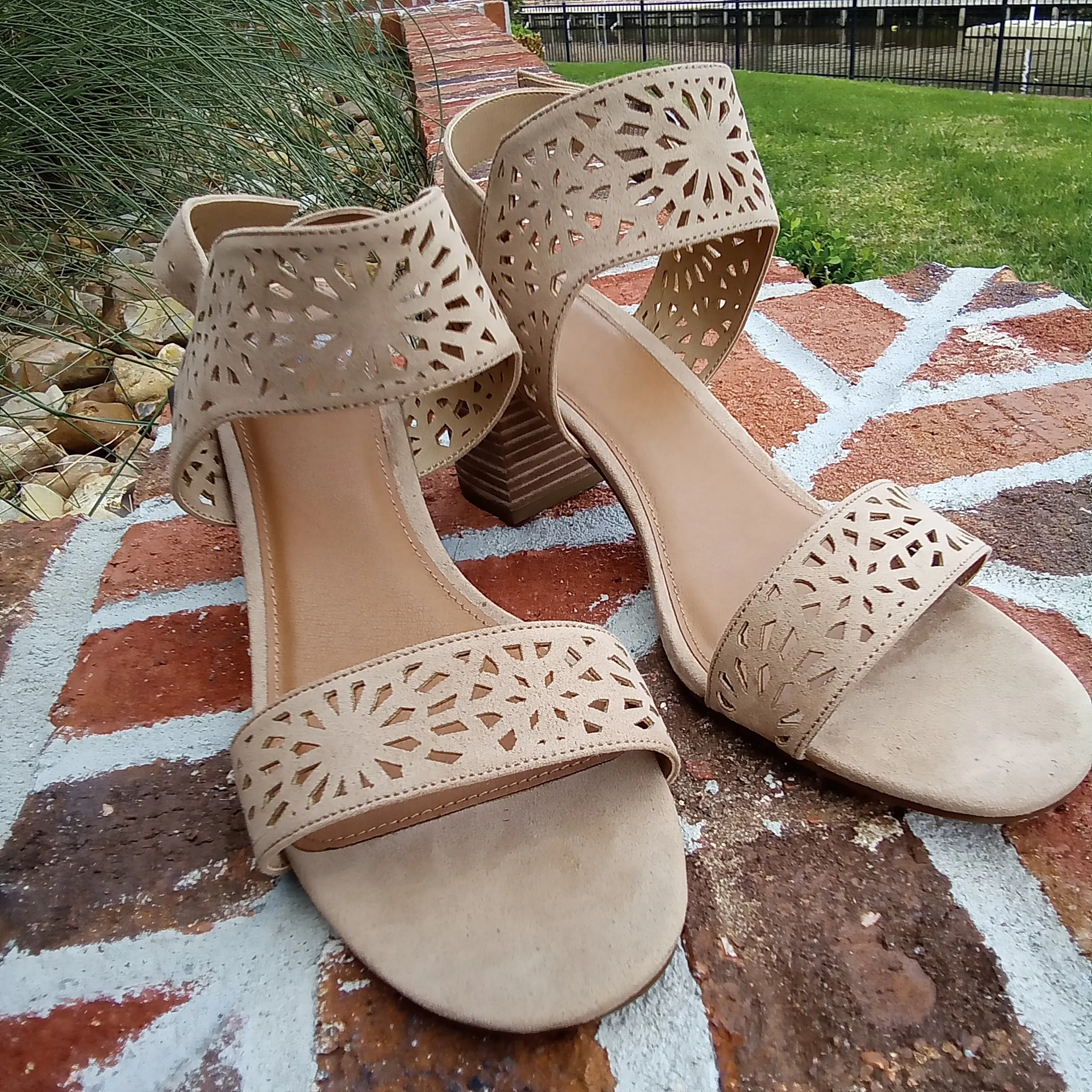 Laser Cut Stacked Block Heel Sandals | Carilena | Yellow Box